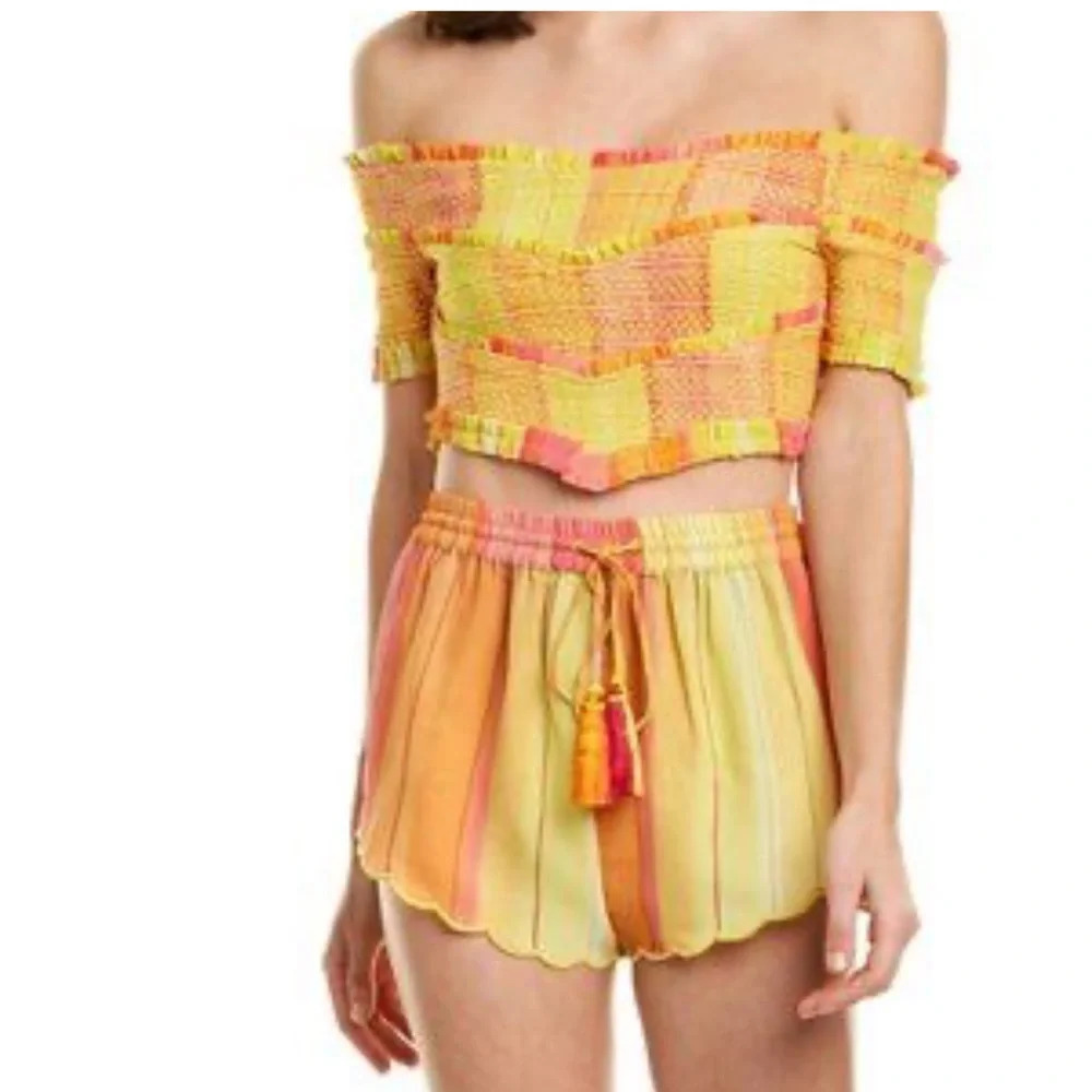 Rococo Sand Patchwork Cropped Off Shoulder Short Sleeve Smocked Handmade Top